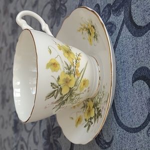 Royal Ascot Bone China Cup/Saucer, White w/yellow, Green,Lavender, Gold Trim, XC